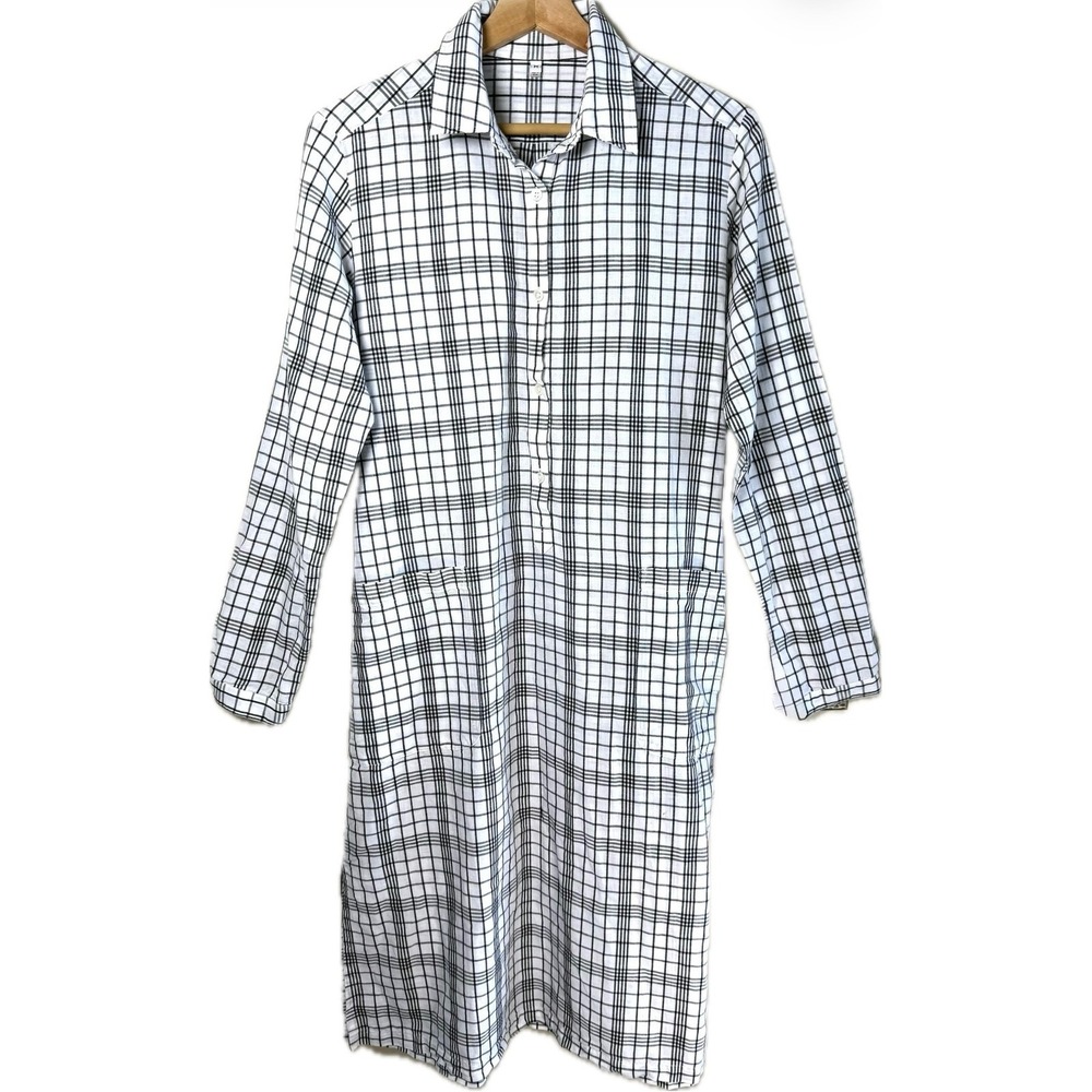 MUJI Linen Cotton Plaid Midi Shirt Dress Side Slits Minimalist Sz M Minimalist
